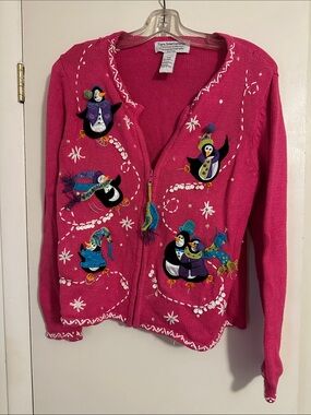 Pink Penguin Zip-Up Cardigan Sweater